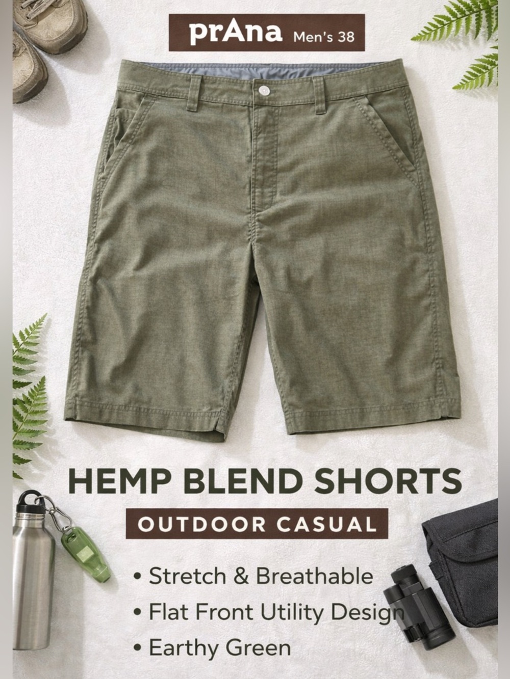 Prana Hemp Blend Shorts Men’s 38 Green Outdoor Hiking Casual Stretch Flat Front